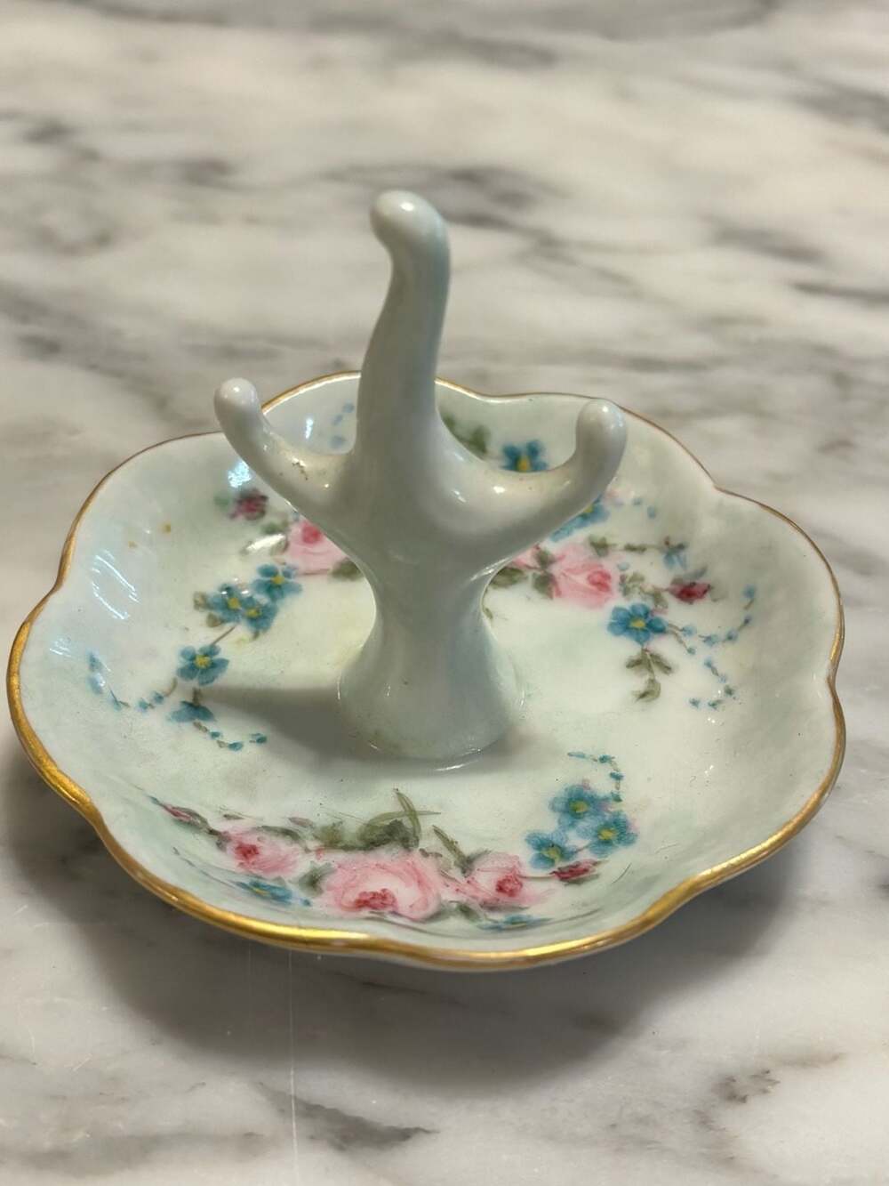 Vintage Hand Painted Floral Porcelain Ring Holder Vanity Dish